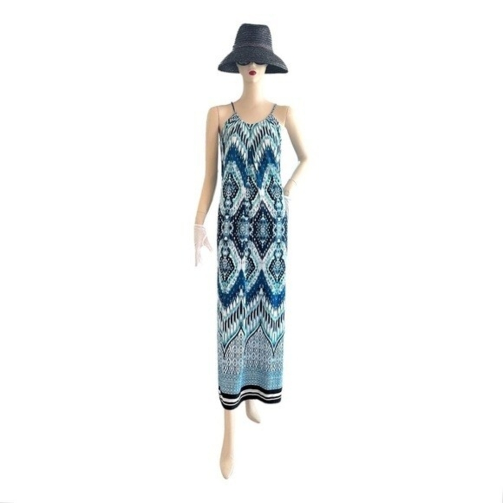 Enfocus Studio Women Maxi Dress 6 Emerald Print Blue Green White Boho Sleeveless - Picture 4 of 13
